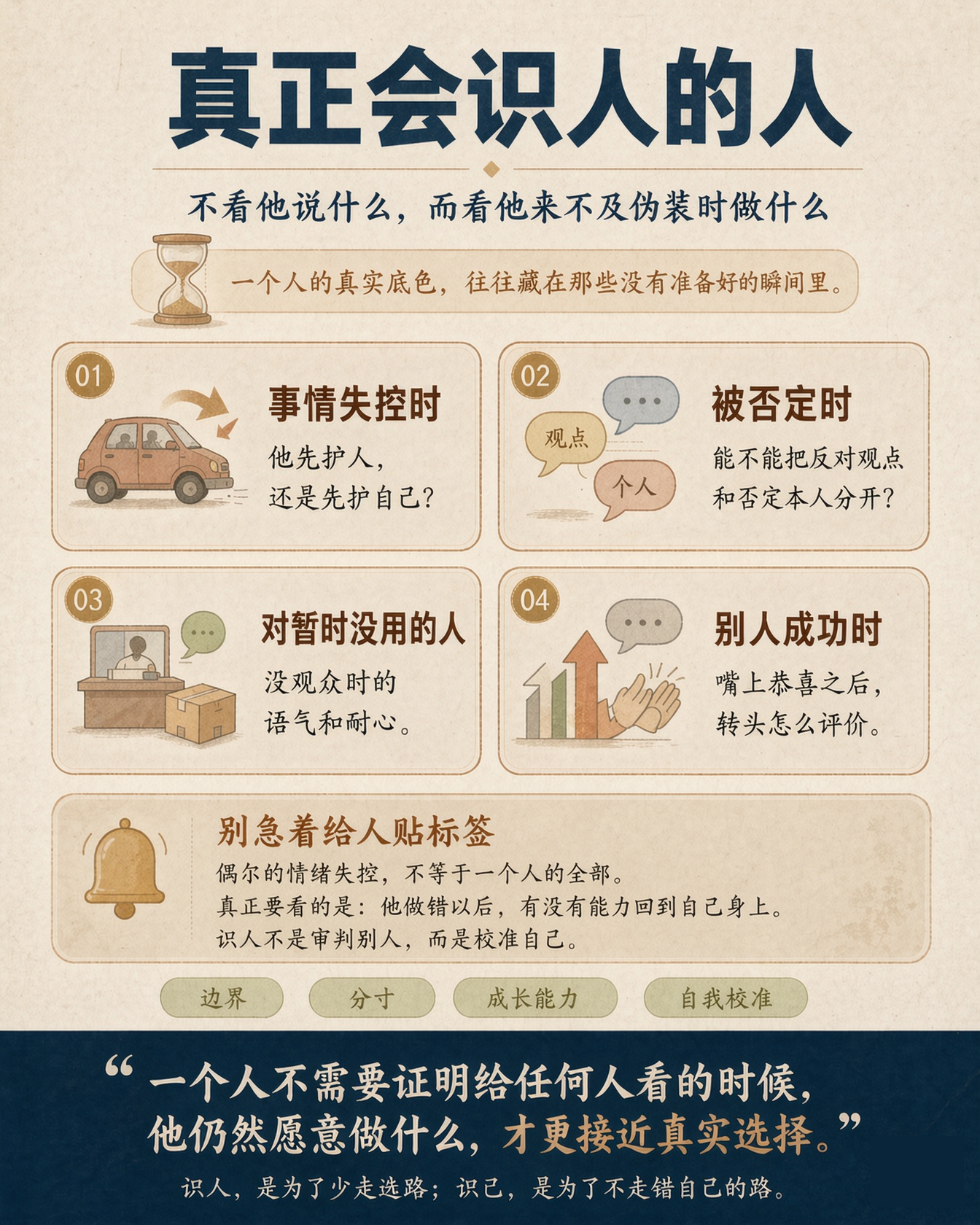 真正会识人的人，不看他说什么，而看他来不及伪装时做什么